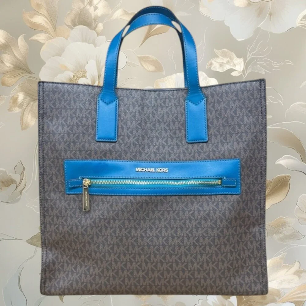 Michael Kors Kenly Brown Blue Lagoon MK Signature Large Tote Shoulder Bag Purse